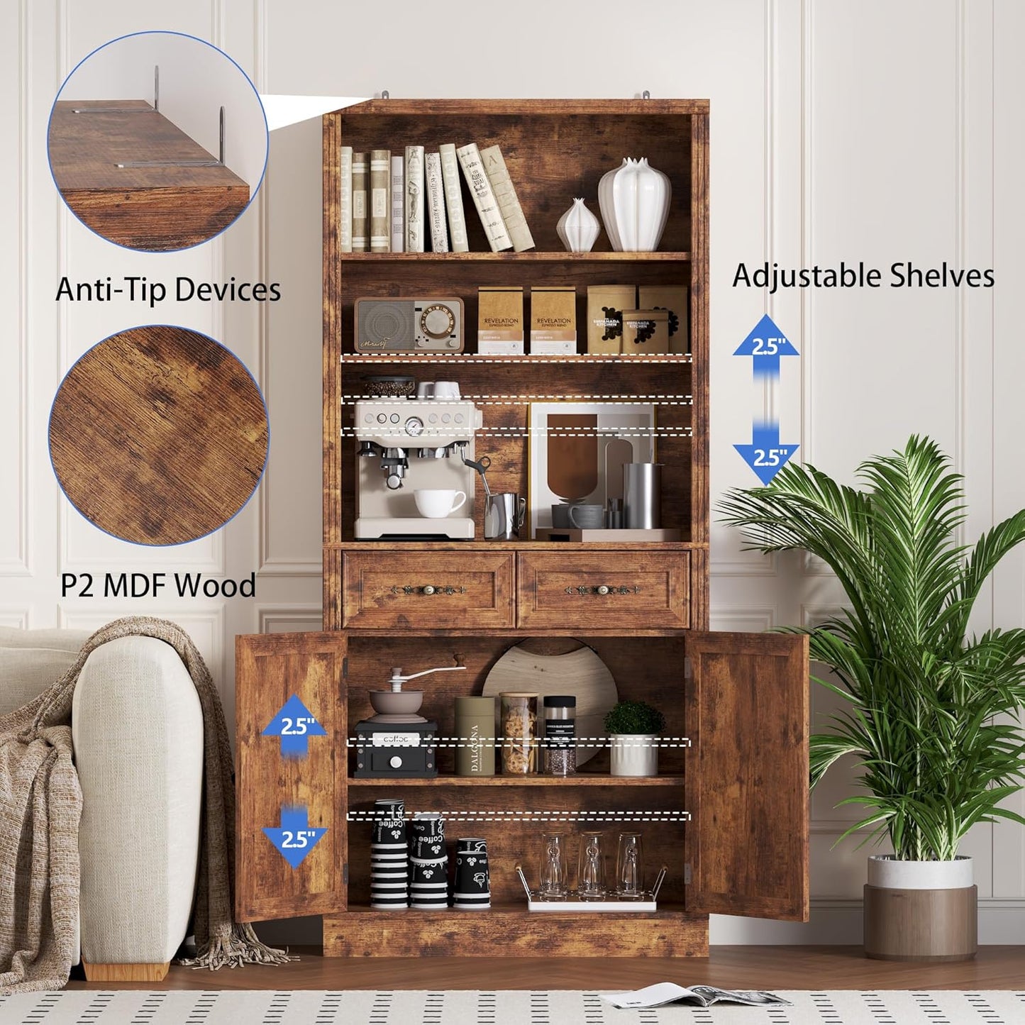 71.4" Tall Bookshelf with Drawers & Cabinet, 5-Tier Floor Standing Bookcase with Storage Doors, Adjustable Shelves & Metal Handles, 31.5" Wide Organizer for Home Office, Living Room