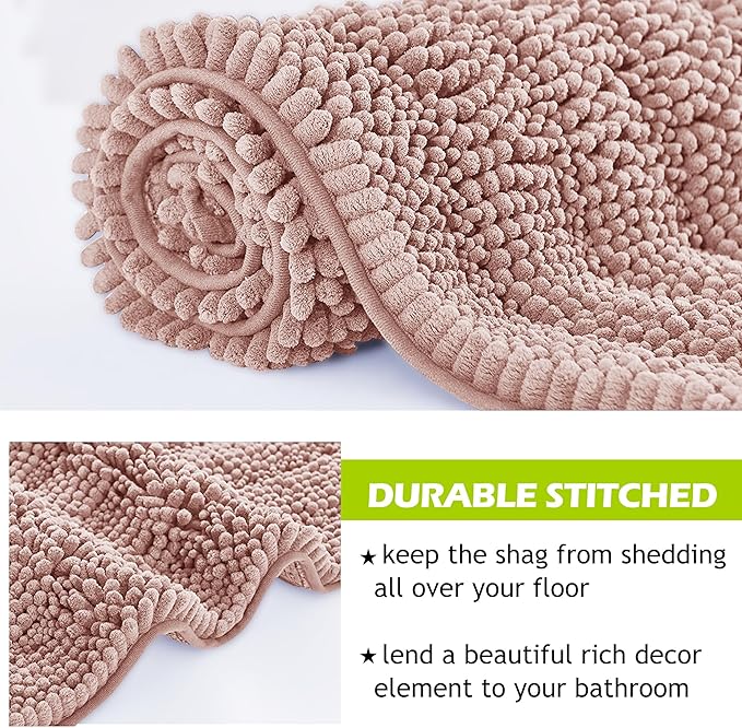 KGORGE Bath Mat for Bathroom - Soft Shower Rug Farmhouse Quick Drying Washable Absorbent Non-Slip Super Soft Chenile Bathtub Carpet Decorations for Family, Pink, 60 x 24, 1 Piece