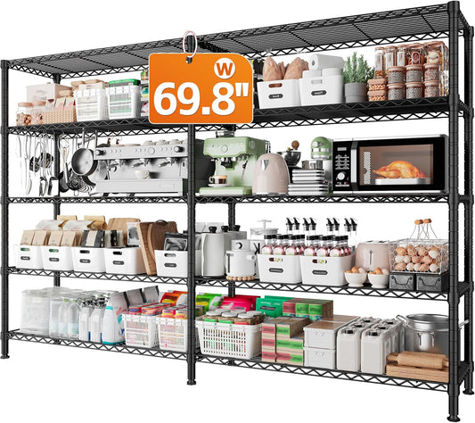 REIBII 1600LBS Storage Shelves 69.8''W Metal Shelving 5 Tier Wire Shelving Unit,Pantry Shelves Kitchen Shelves Adjustable Wire Commercial Shelf for Garage Storage Shelves, 69.8" Wx15.8 Dx72.4 H, Black