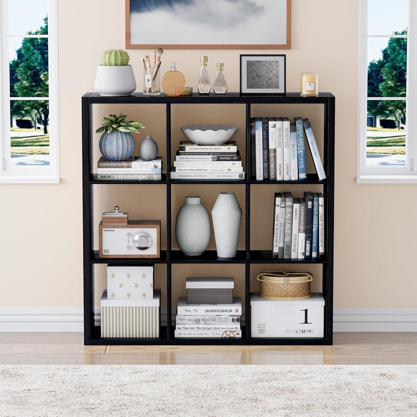 Cube Storage Organizer Bookcase, Decorative 11 inch Open Back Cubical Shelf with Thickened Border, Display Bookshelf for Living Room, Home Office, Sturdy Room (Black, 9 Cube)