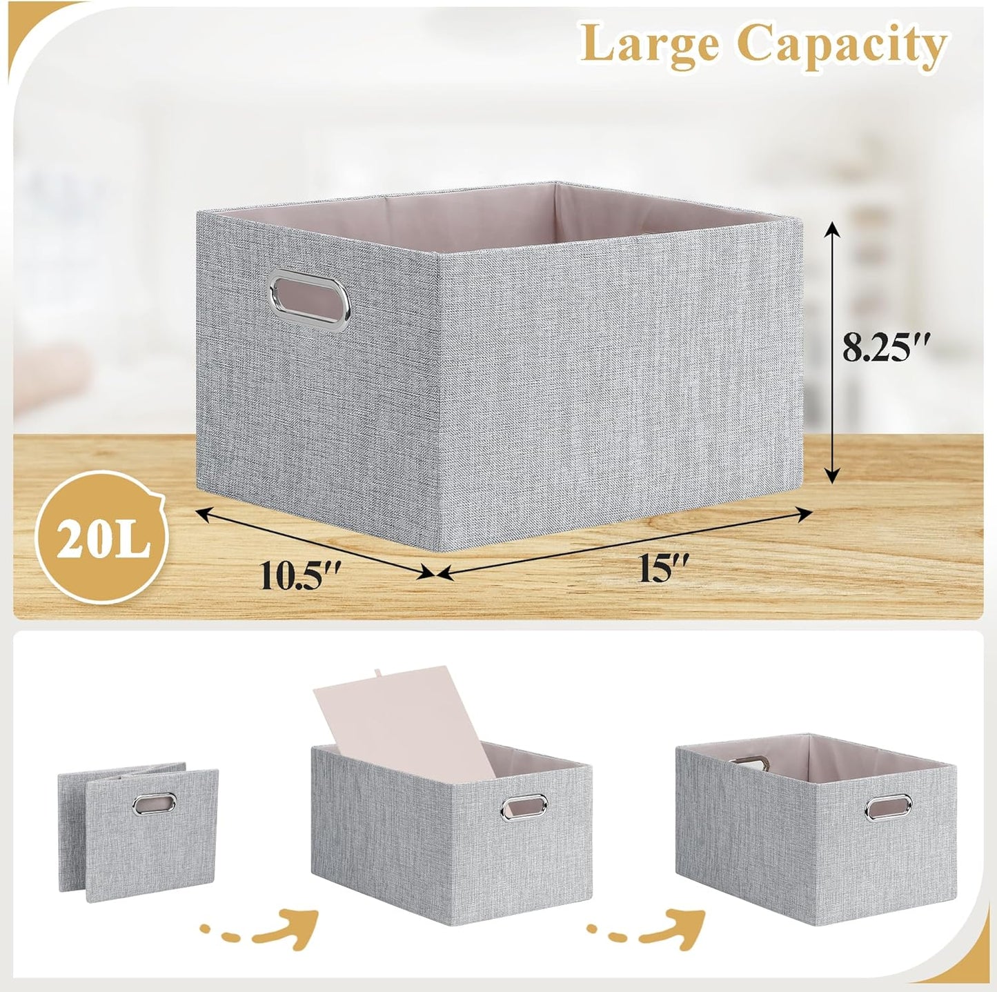 Posprica Closet Organizers and Storage, 4 Pack Large Linen Storage Bins, Decorative Shelf Storage Baskets for Organizing, Foldable Fabric Storage Box for Clothes, Toy, 15x10.5x8.25 Inch(Grey)