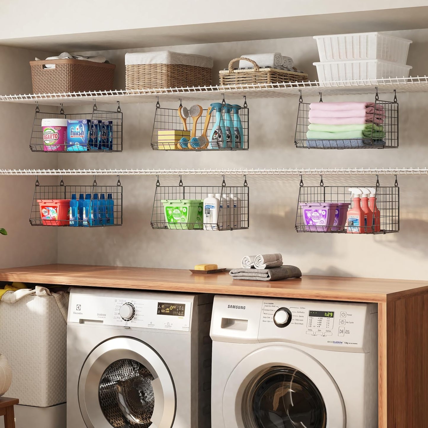 3-Pack Hanging Laundry Room Organizaton (No Shelve Included)：Foldable Laundry Wire Basket with 360°Rotating Hooks Small Space Organization Over Washer and Dryer Shelves, Closet Organizer, Black Patent