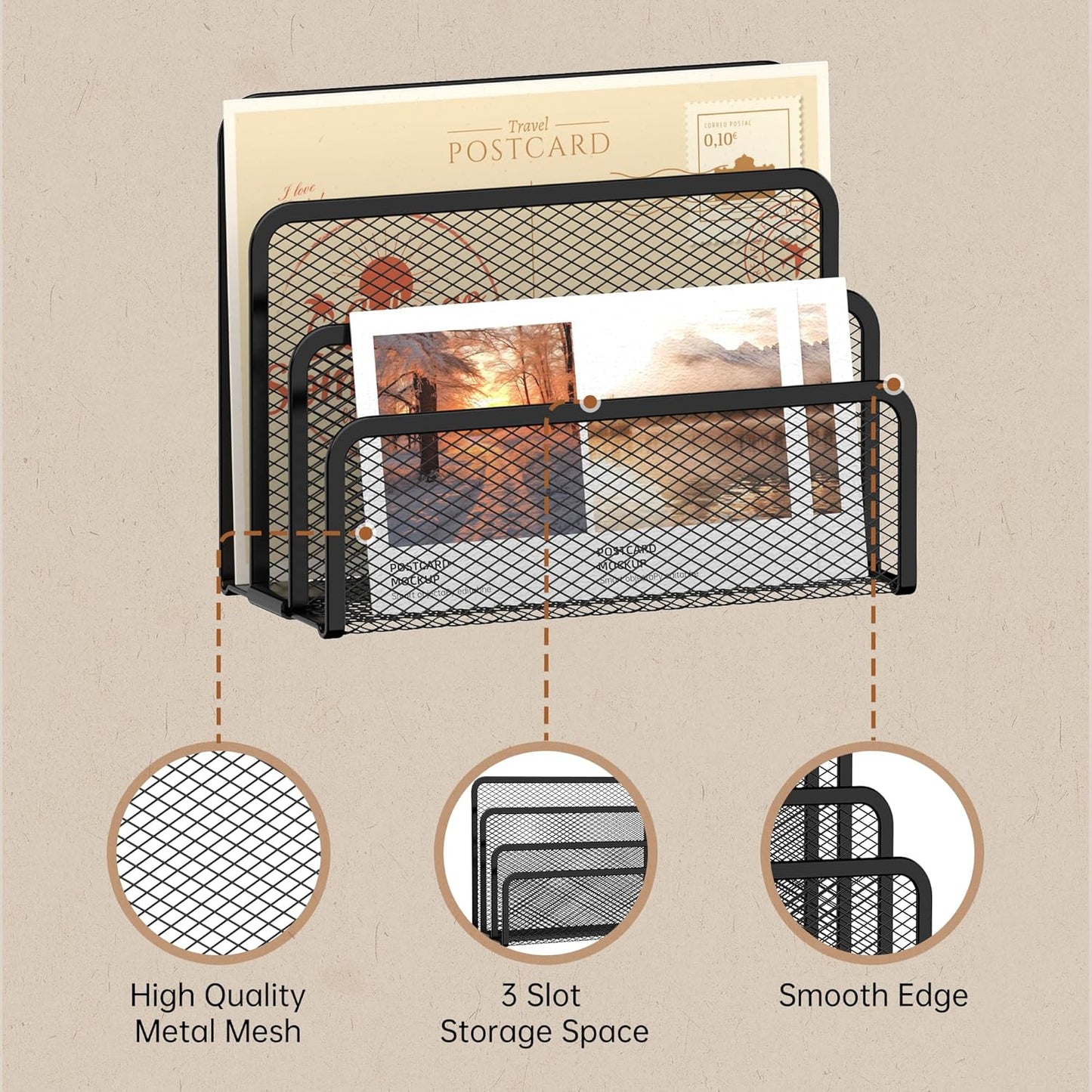 SUPEASY Mail Organizer for Desk, Mesh Metal Mail Holder Countertop with 3-Slot, Letter Sorter File Holder, Office Envelope Organizer for Mails (Black)