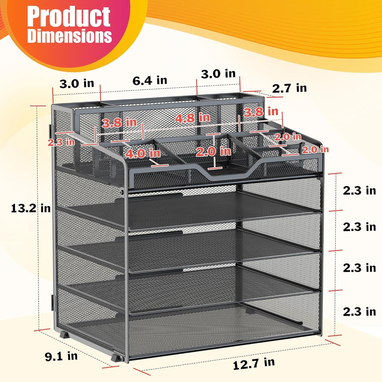 Docnest 5 Tier Mesh Desk Organizer for Paper Office Supplies – Multi-Functional Letter Tray with 5 Adjustable Compartments, 3 Pen Holders, Desktop Storage for Files, Mail, Stationery – Black