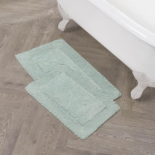 Laura Ashley Ruffle Border 100% Cotton Bath Rug Set, Aqua, 17" x 24"/ 20" x 32"