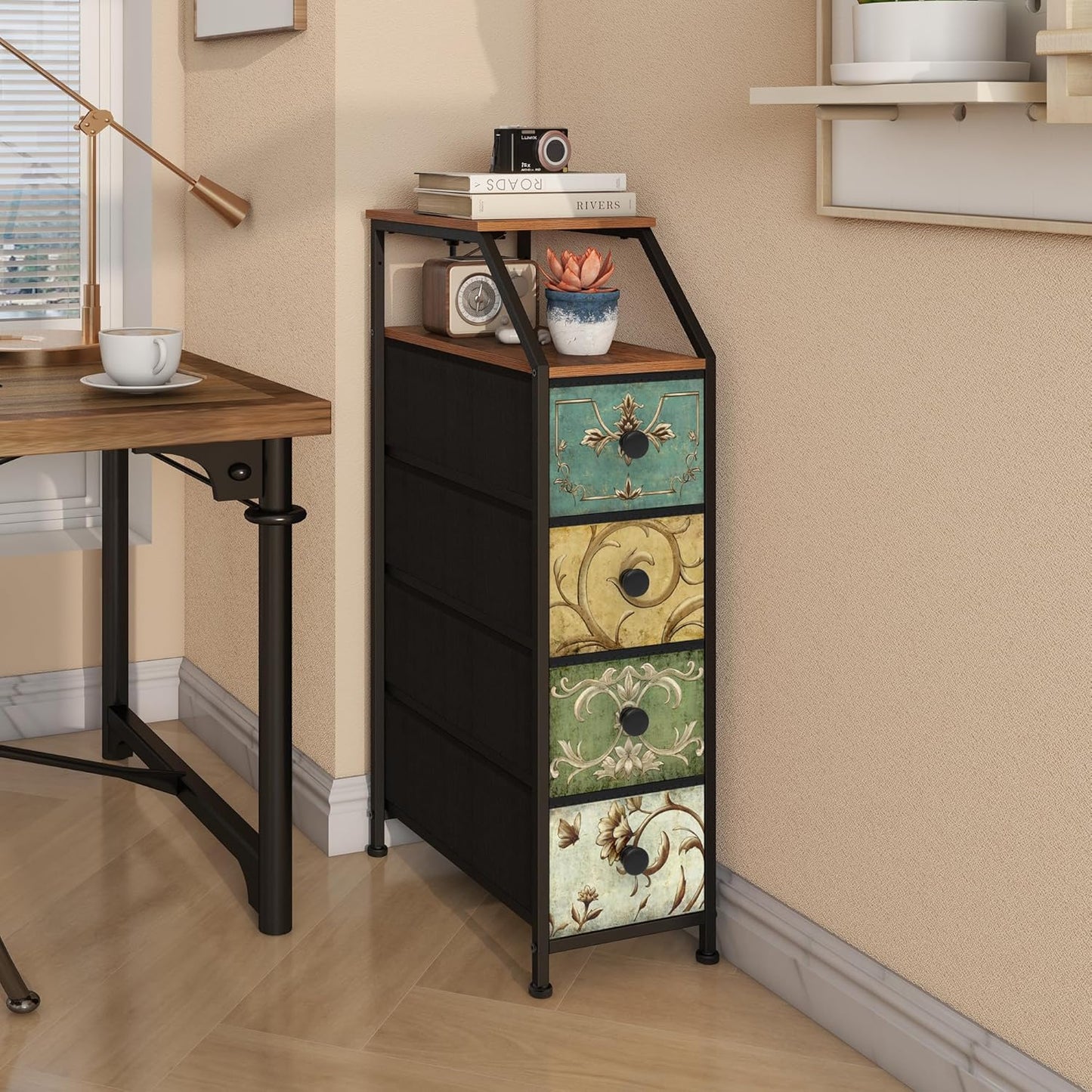 Tohomeor Narrow Dresser Tall Skinny Storage Tower Vertical Slim Chest of Drawers with Charging Station Small Nightstand Side Table for Bedroom, Bathroom, Small Spaces (Retro Flower, 4 Drawers)