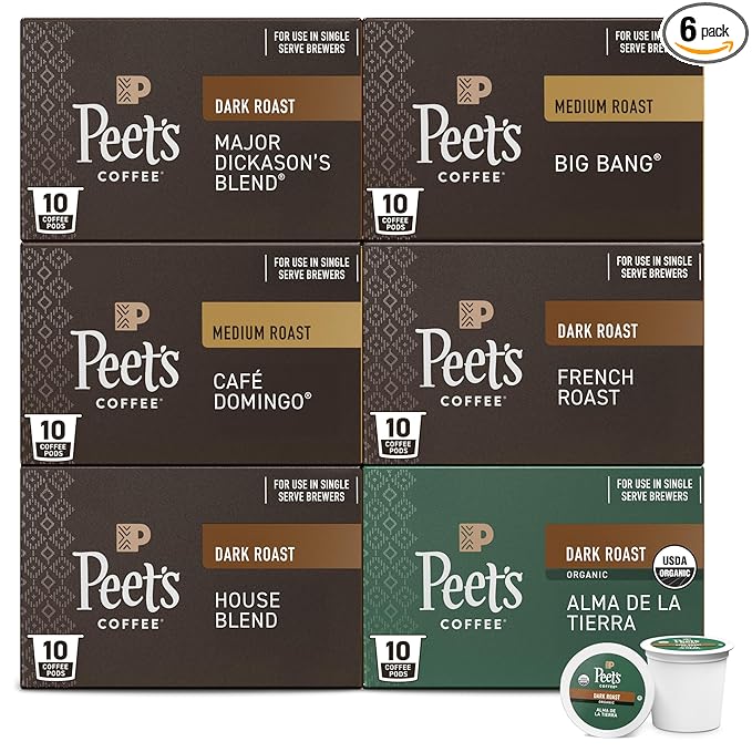 Peet's Coffee, Keurig K-Cup Pods Variety Pack - Major Dickason's Blend, Big Bang, French Roast, Café Domingo, Organic Alma De La Tierra, House Blend, 60 Count (6 Boxes of 10 Pods)