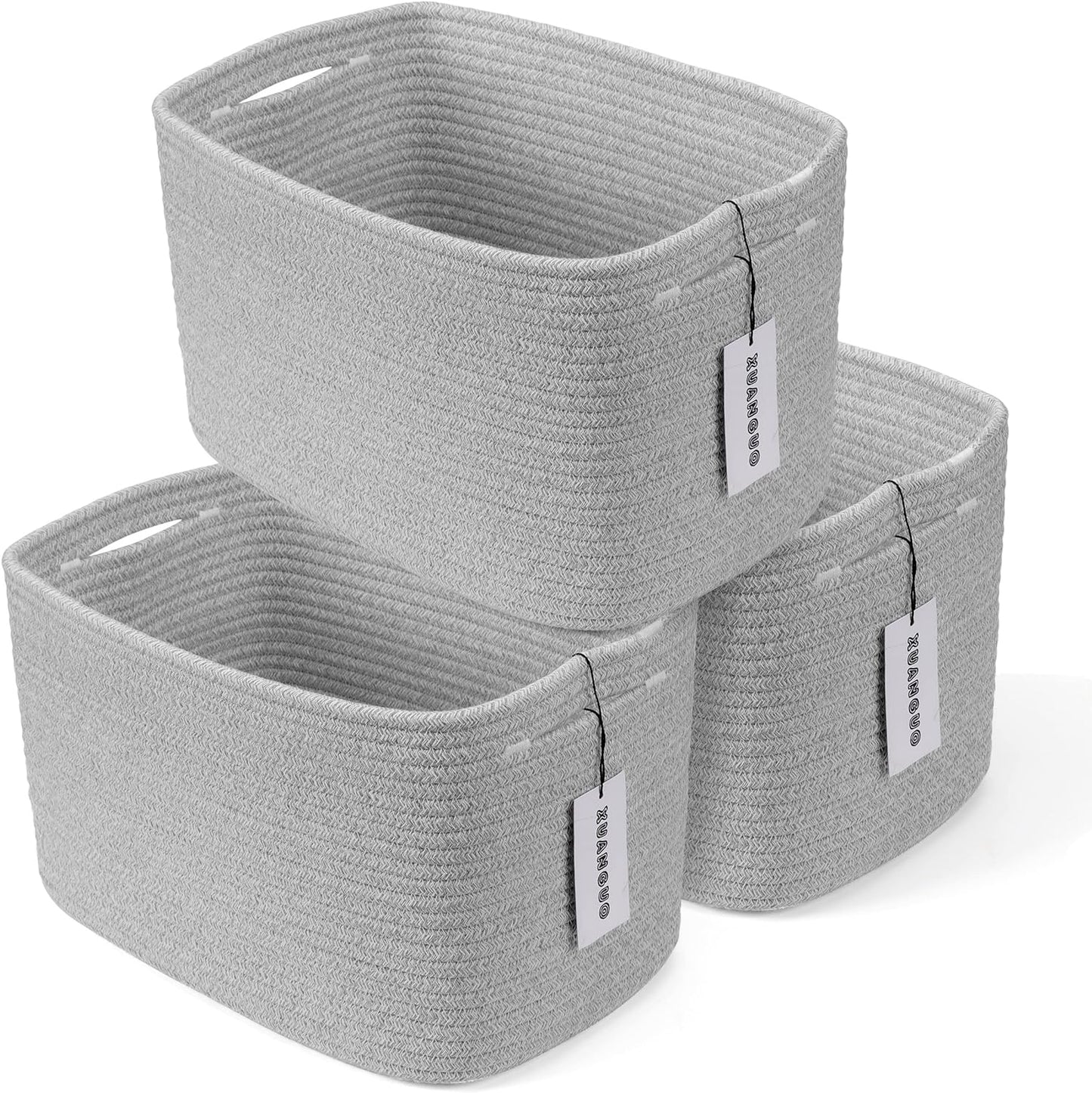 Cotton Rope storage Basket Bins Woven Basket for Organizing Shelves 14.5X9.5X9.3“ Rectangle Decorative Baskets For storage Clothes Toys Books Towels Square Wicker Nursery basket organizer 3 pack grey