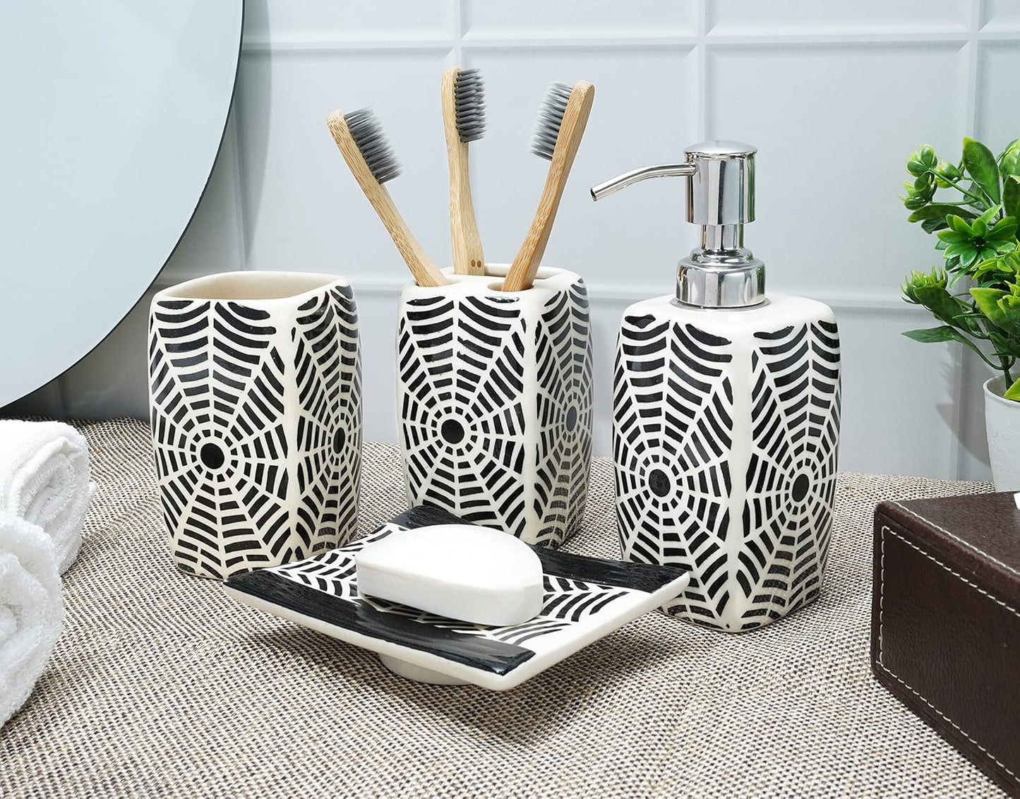 Handmade Ceramic Bathroom Accessories Set 4pcs India Pottery Vanity Complete Hand Paint, Countertop Accessory Set for Home Decor with Soap & Lotion Dispenser, Tumbler, Toothbrush Holder, Soap Dish