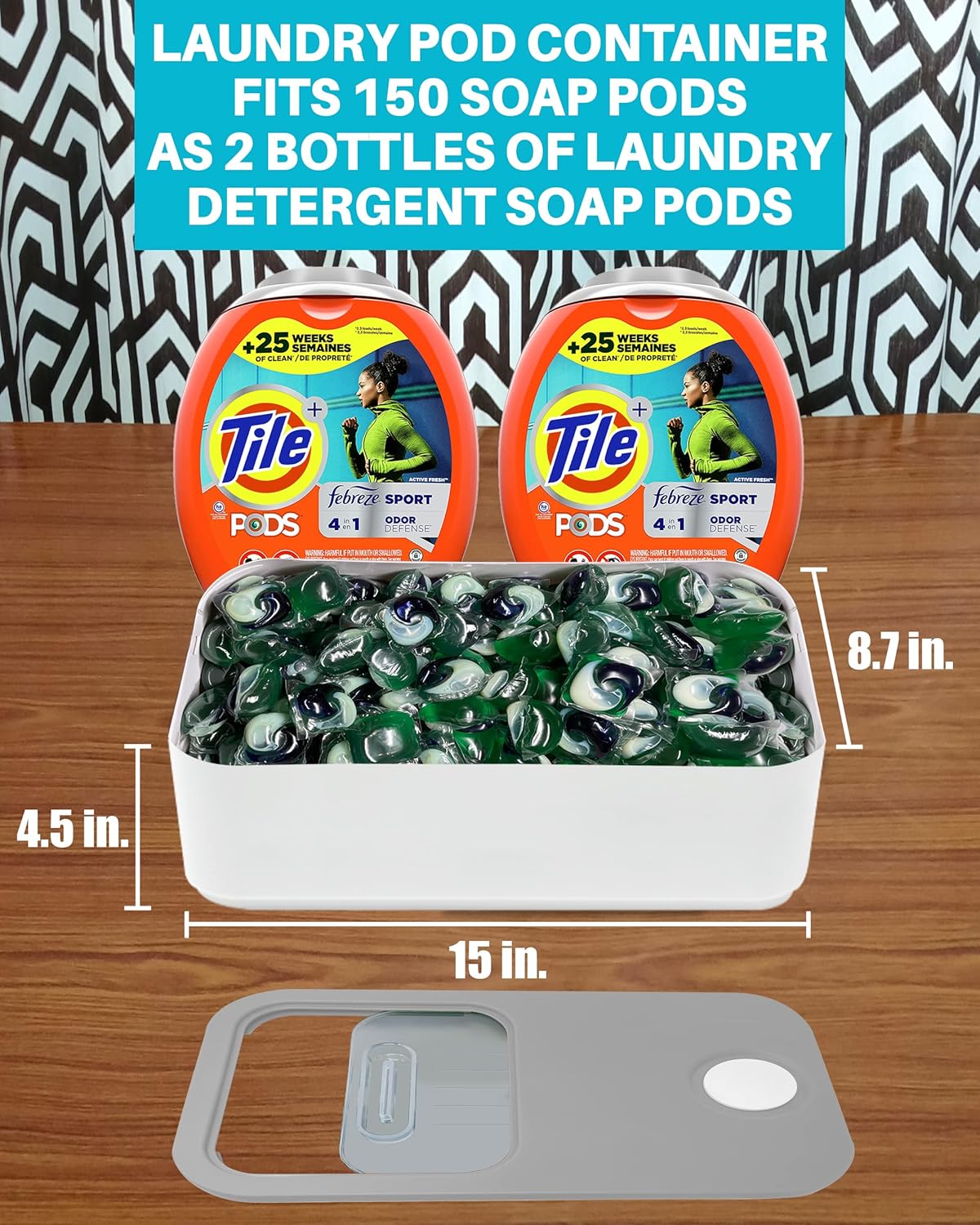 TidyFriend Laundry Pods Container with Slide Lid, 15" x 8.7" x 4.5", Airtight Storage Keeps Pods Fresh, Holds 9–10 lbs or 100–130 Pods, Laundry Detergent Container & Dishwasher Pod Holder (Grey)