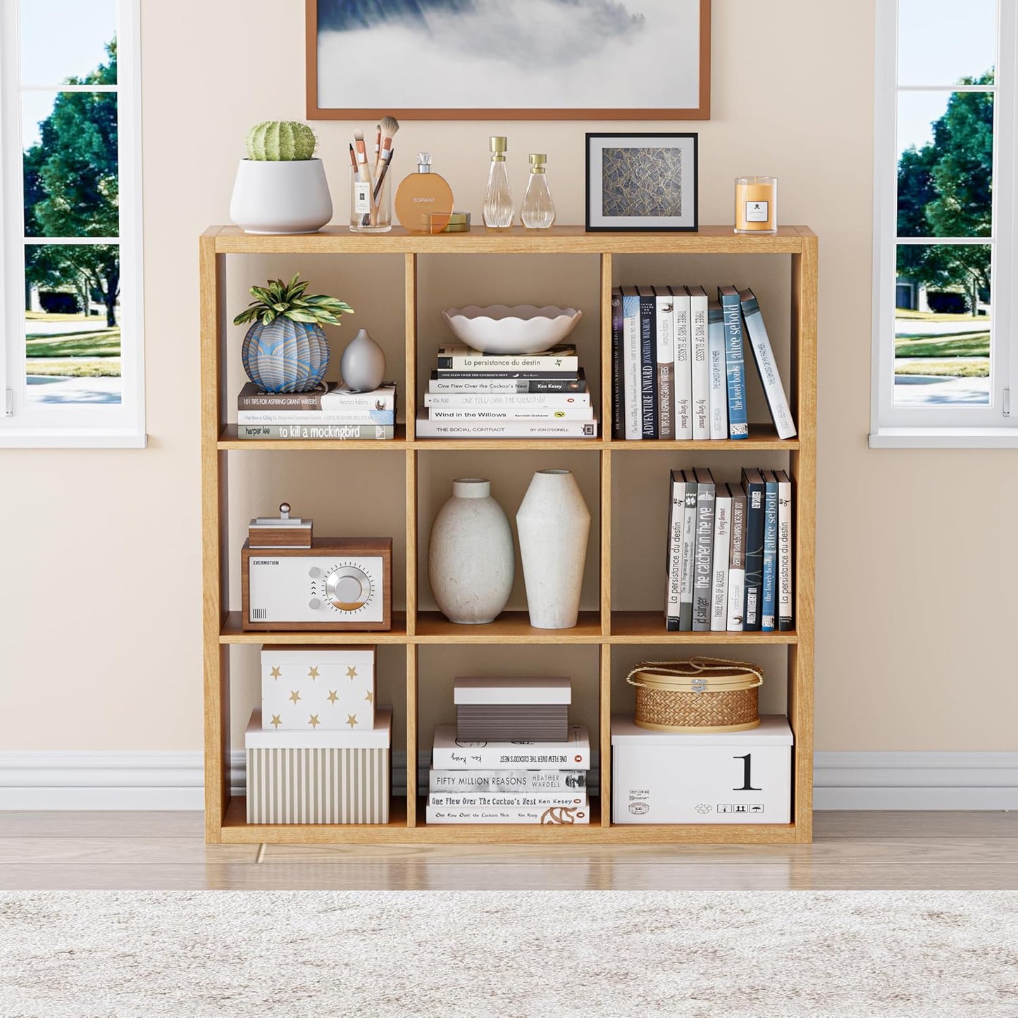 Cube Storage Organizer Bookcase, Decorative 11 inch Open Back Cubical Shelf with Thickened Border, Display Bookshelf for Living Room, Home Office, Sturdy Room (Natural Oak, 9 Cube)