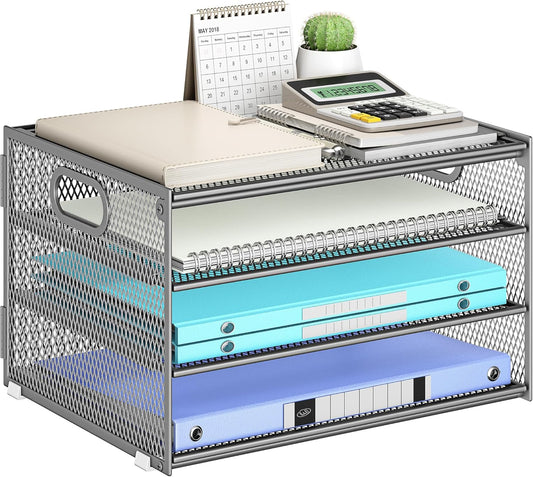 Subekyu Paper Letter Tray Organizer for Desk, Silver Metal Mesh Desk File Folder Sorter Organizer with Handle for Home Office School Supplies Organization