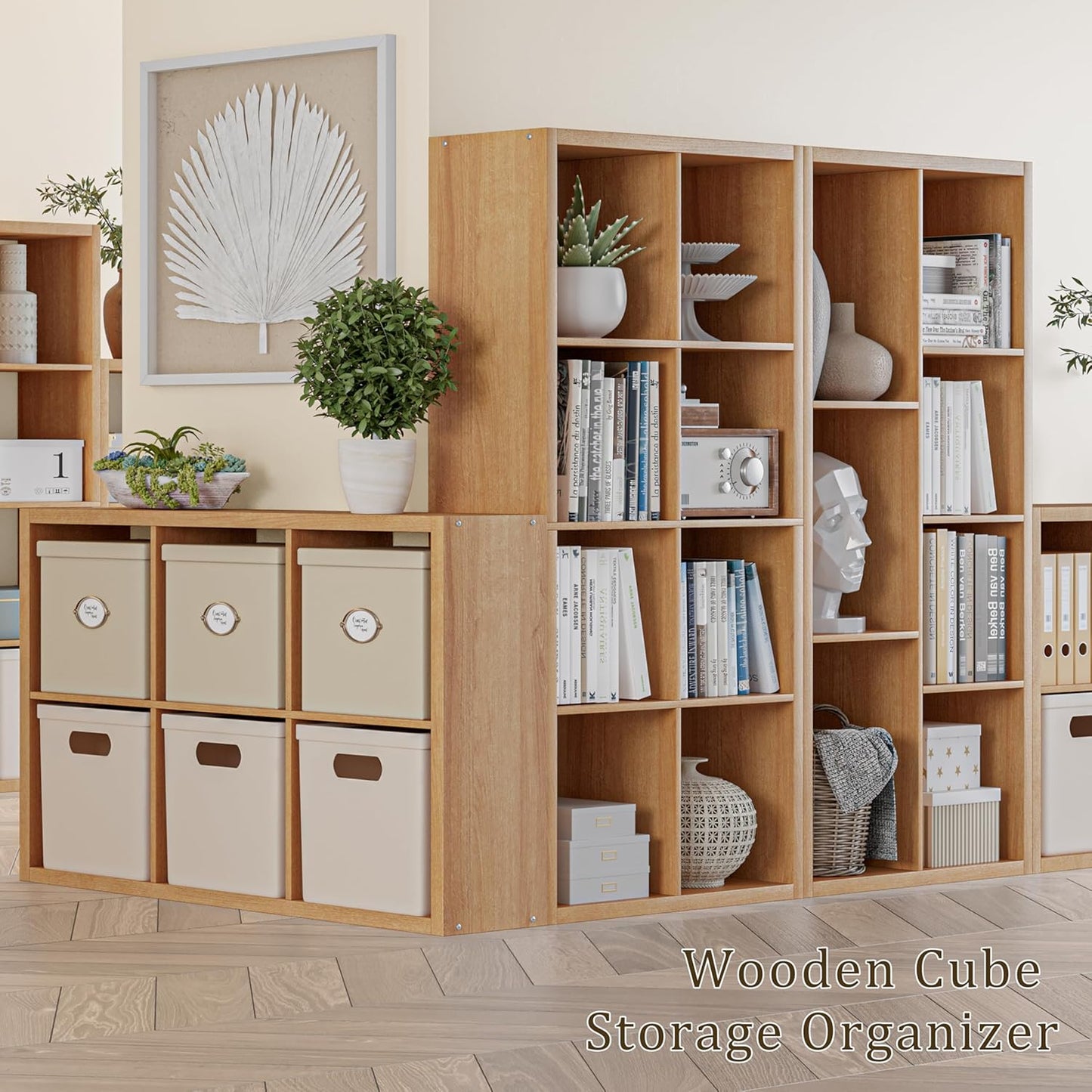 Cube Storage Organizer Bookcase, Decorative 11 inch Open Back Cubical Shelf with Thickened Border, Display Bookshelf for Living Room, Home Office, Sturdy Room (Natural Oak, 6 Cube)