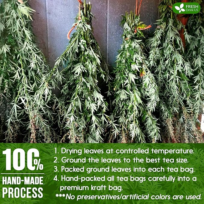 FreshDrinkUS, Premium 25 Mugwort Leaf Tea Bags, 100% Natural and Pure Mugwort Leaves. Loose Leaf Herbal Tea. No Sugar, No Caffeine, No Gluten, Vegan. (25 Tea Bags)