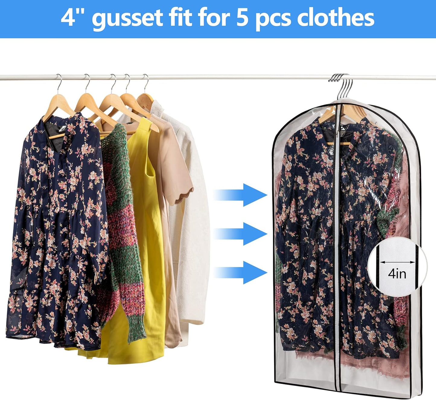 Clear Plastic Hanging Clothes Bags with 4" Gusseted Garment Bags for Storage, Suits, Coats, Sweaters, Shirts - 24" x 40" x 4"",3 Pack