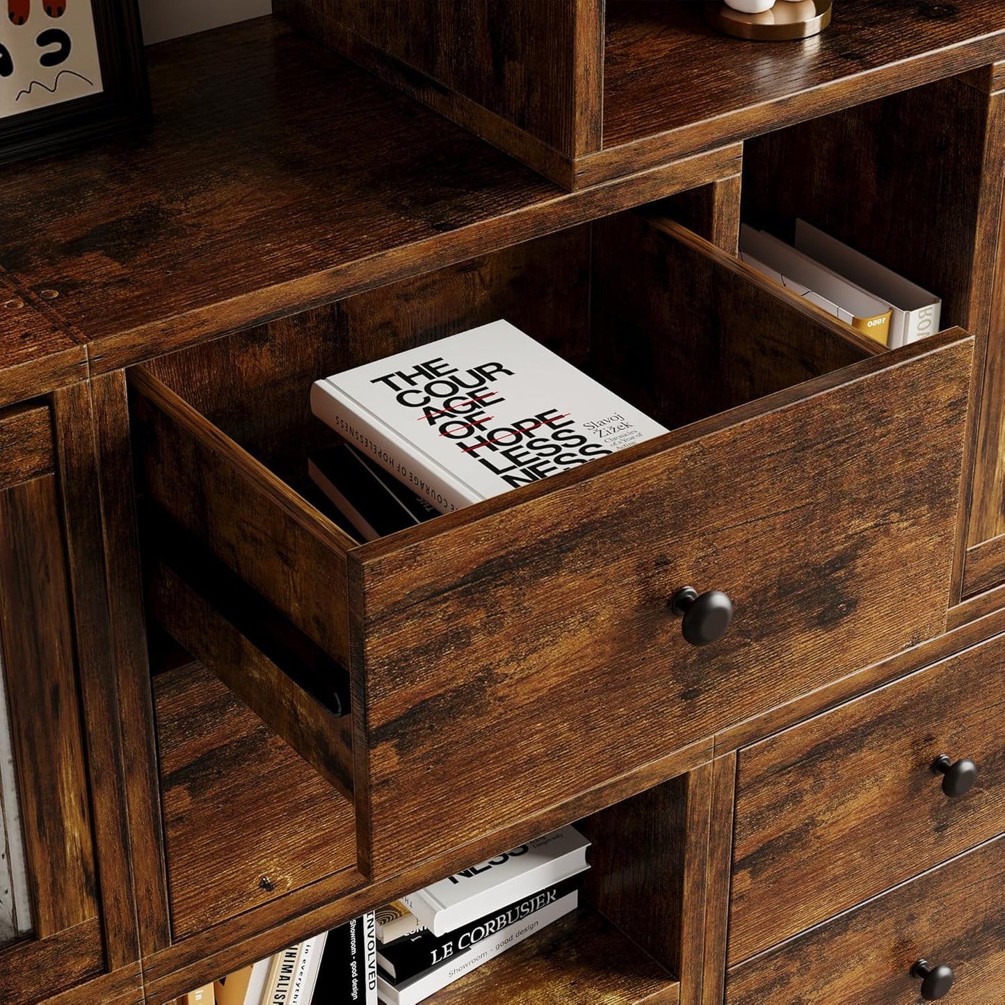 FUSUNBAO Magic DIY Cube Storage Organizer Stackable Cubes for Home Books Clothes Toy-Modular Cubby Storage System-Office Cubical-Bookcase Closet (Antique Brown, Drawer Cube)