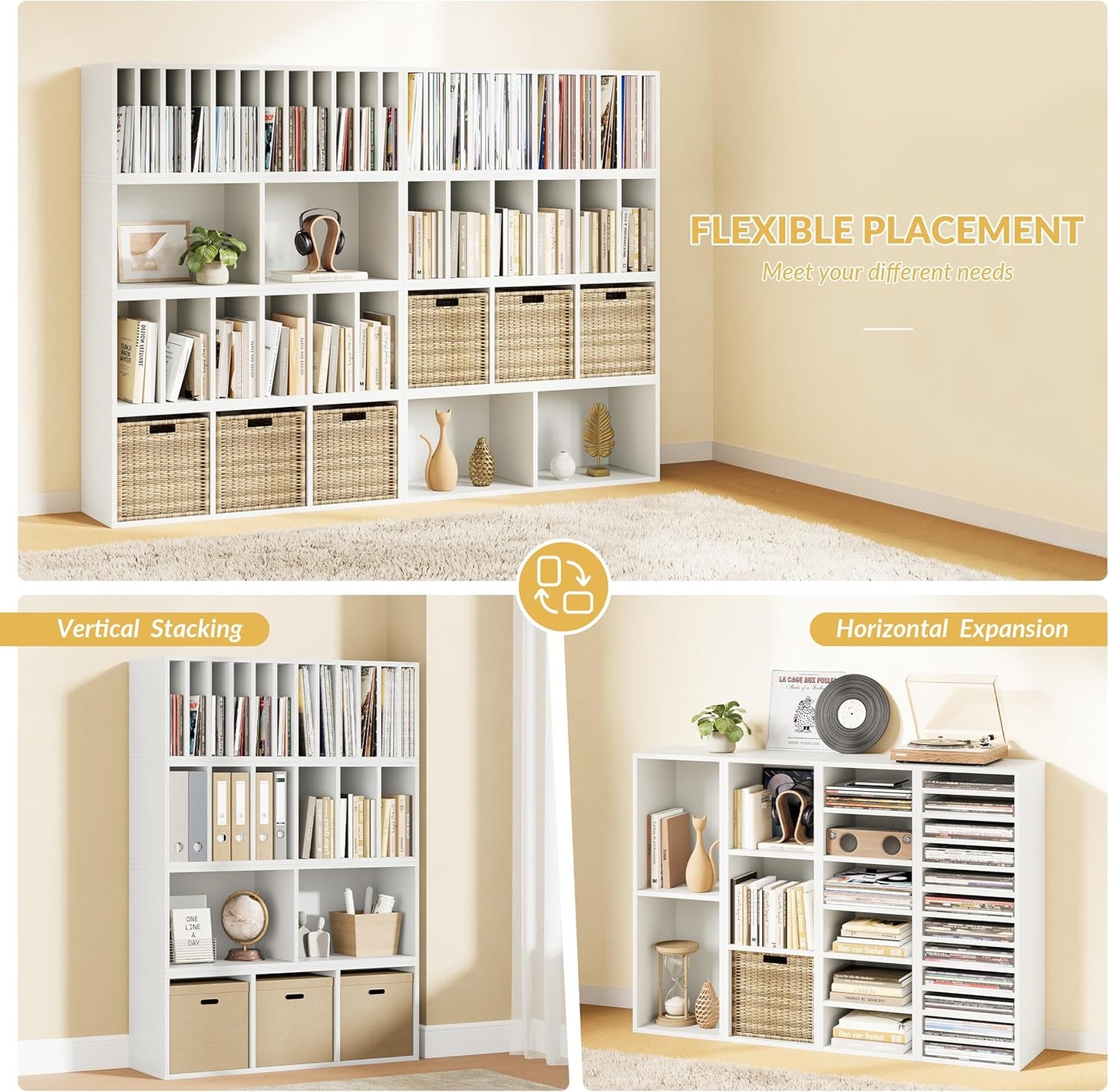 IOTXY DIY Modular Cube Bookcase - CubeXY Customizable Stackable Expandable Combination Set, 23-Cube Open Bookshelf for Books, Fabric Storage Bin, and Vinyl Record Organizer, White