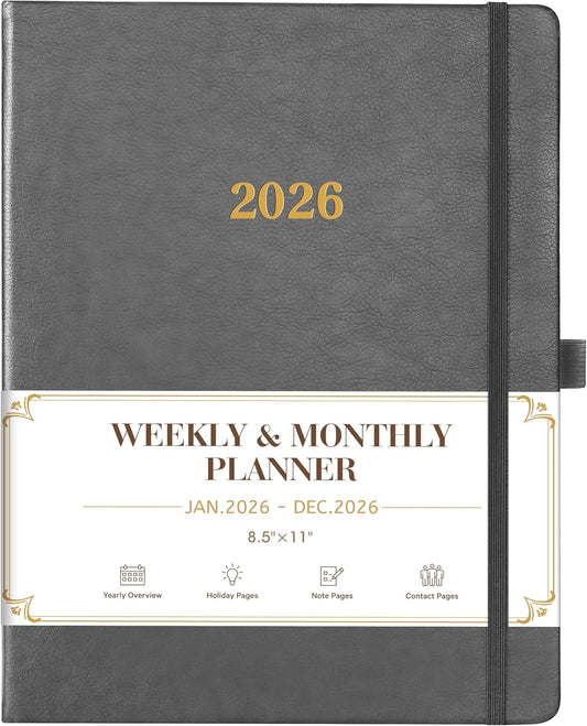 2026 Planner - Weekly and Monthly Planner 2026, 8.5"x11", Jan.2026 - Dec.2026, Leather Hardcover, 12 Monthly Tabs, Pen Loop, Elastic Closure, Pocket, Grey