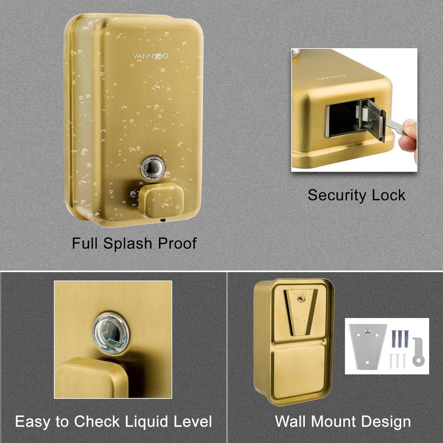 Wall Mounted Hand Soap Dispenser Bathroom, 1200ml 40oz Commercial Stainless Steel Liquid Soap Dispenser Wall Mount (Vertical Gold)