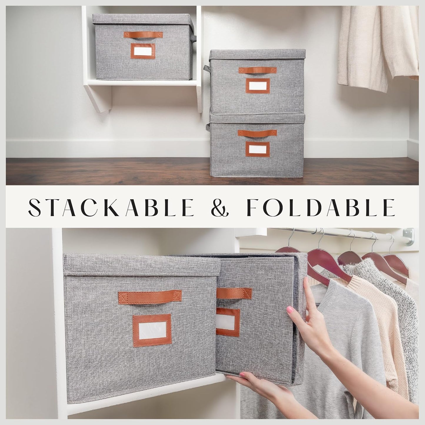 3 Pack Large Fabric Storage Box with Lid - Decorative Bin with Lid, Label Holder, Faux Handles - Large Decorative Storage Boxes with Lids for Organizing Clothes, Blankets - Steel Gray