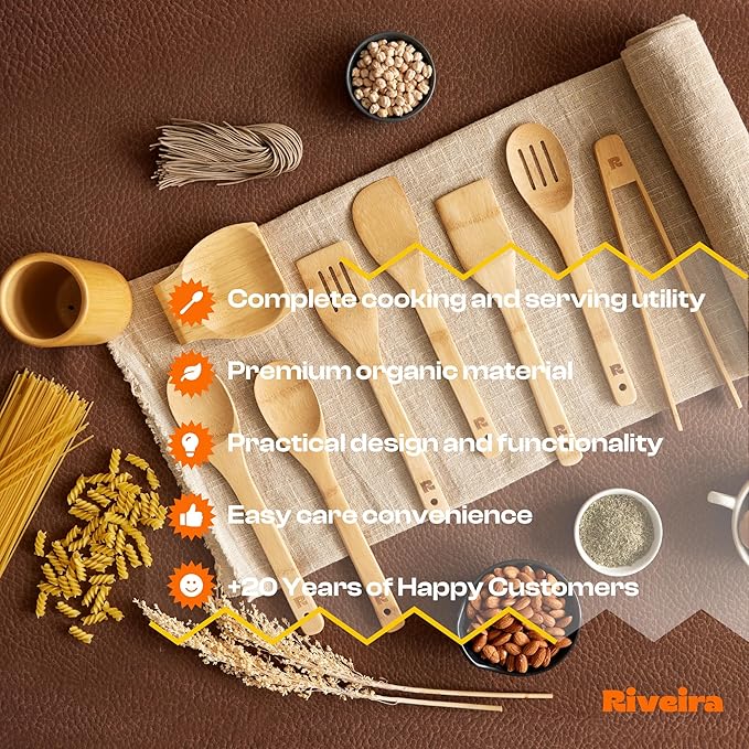 Riveira Bamboo Wooden Spoons for Cooking 9-Piece with Holder, Apartment Essentials Wood Spatula Spoon Nonstick Kitchen Utensil Set Premium Quality Housewarming Gifts for Everyday Use