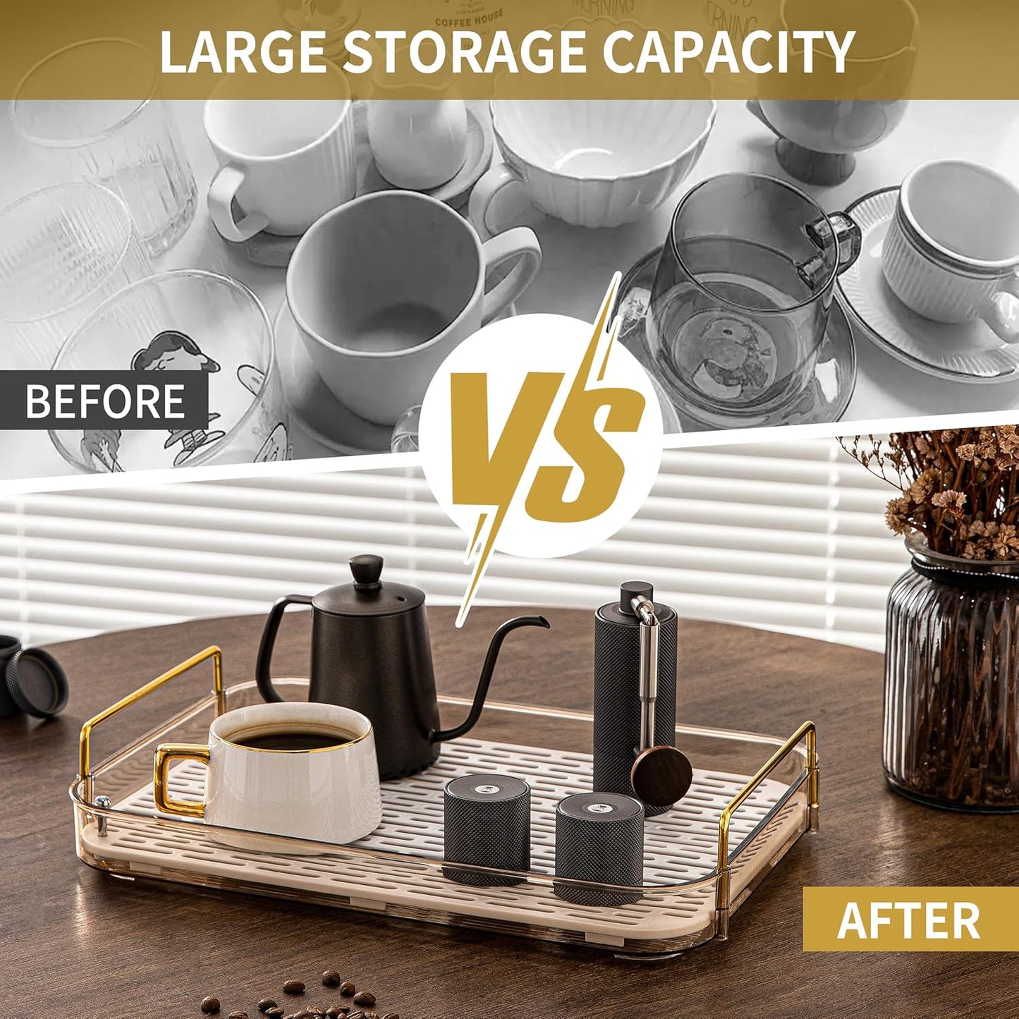 Coffee Bar Accessories, Station Organizers,Large Capacity Storage with Drain Board,Whisky Tray,Mug Tea Cup Holder Coffee Bar Organizer,Amber Gold