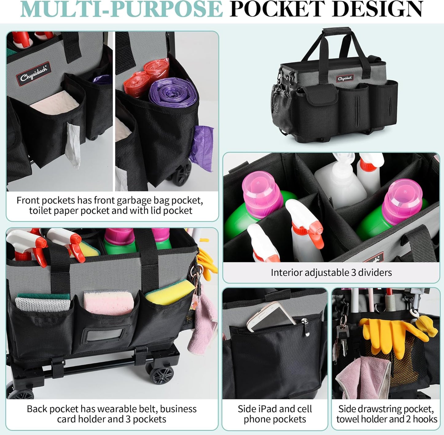 Rolling Cleaning Caddy, Cleaning Supplies Organizer with Trolley, Wearable Cleaning Tote Bag on Wheels with Hard Bottom, Cleaning Carts for Housekeepers/Home/Car/Office/Picnic (Grey)