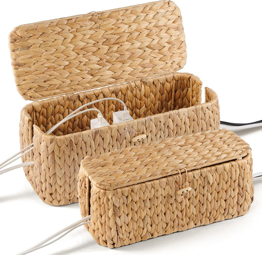 Large Cable Management Box, Natural Rattan Cable Cord Organizer Boxes for Power Strip – 2 Open Slots Cords Hider Box for TV Wires, Computer, Router, USB Hub and Under Desk Power Strip (Hyacinth)