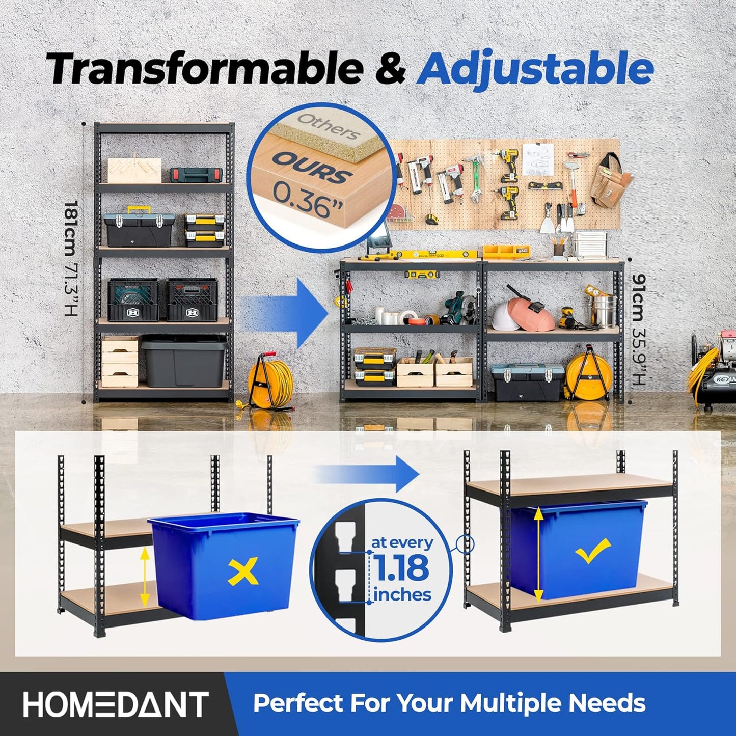 HOMEDANT 5 Tier Laminated Boltless Metal Shelving Unit Adjustable Garage Storage Utility Rack Heavy Duty Shelves Organization Shelf Warehouse Pantry Shed 35.9" W x 18.2" D x 71.3" H 10Pack