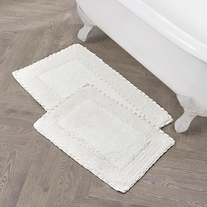 Laura Ashley Ruffle Border 100% Cotton Bath Rug Set, White, 17" x 24"/ 20" x 32"