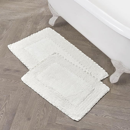 Laura Ashley Ruffle Border 100% Cotton Bath Rug Set, White, 17" x 24"/ 20" x 32"