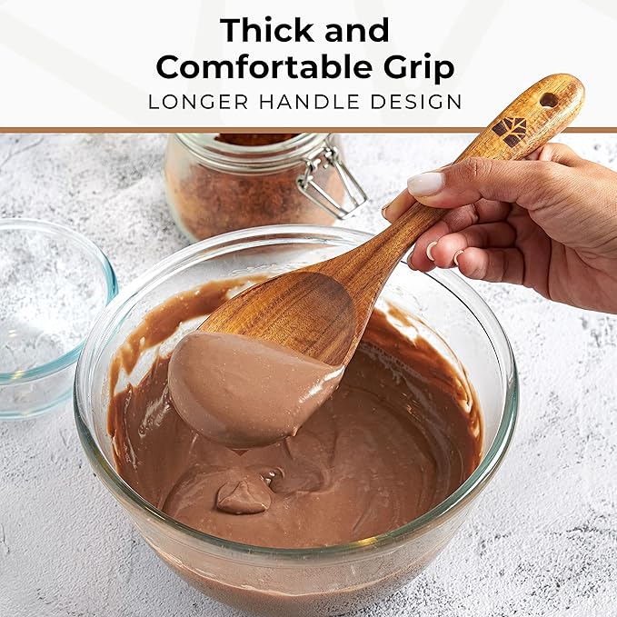 Wooden Spoons for Cooking – Wooden Kitchen Utensils Set, 6 Pcs Teak Wood Utensil Set – Comfortable Grip Non–Stick Wooden Cooking Utensils - Kitchen Gifts for Women Men, Cooking Gifts for Men Women