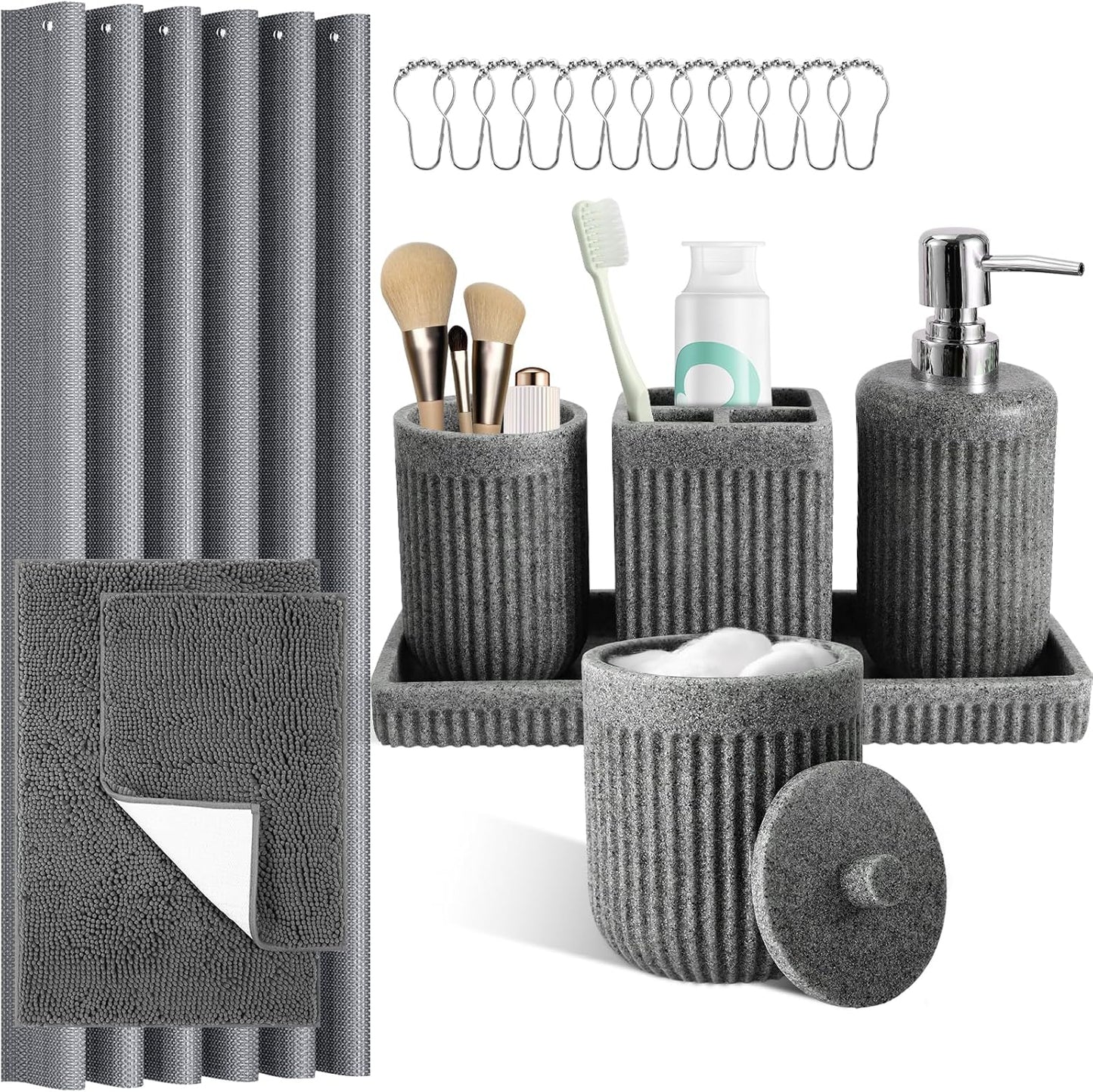 8-Piece Grey Bathroom Set - Resin Bathroom Accessories Sets Complete with Shower Curtain and Rugs, Soap Dispenser, Toothbrush Holder, Tumbler & Apothecary Jars