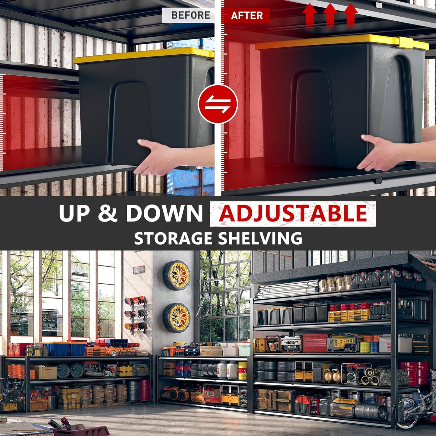 REIBII 60" W Garage Shelving 3000LBS Garage Storage Shelves Heavy Duty Shelving, 5 Tier Metal Shelves, Adjustable Industrial Shelf for Warehouse, Basement, Pantry, 60" W x 24" D x 72" H