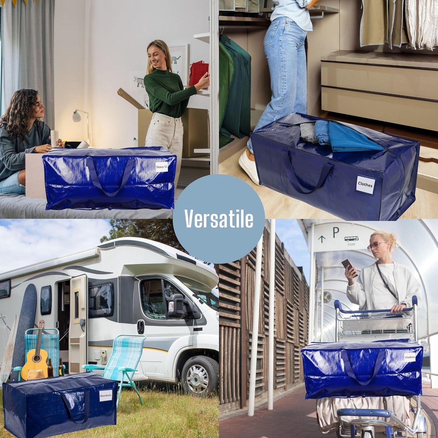 VENO 6 Pack Moving Bags w/Backpack Straps, Heavy Duty, Moving Boxes Alternative, Packing Supplies, Large Storage Totes for Dorm Room Essentials with Zipper for Clothes (Blue, 6 Pack)