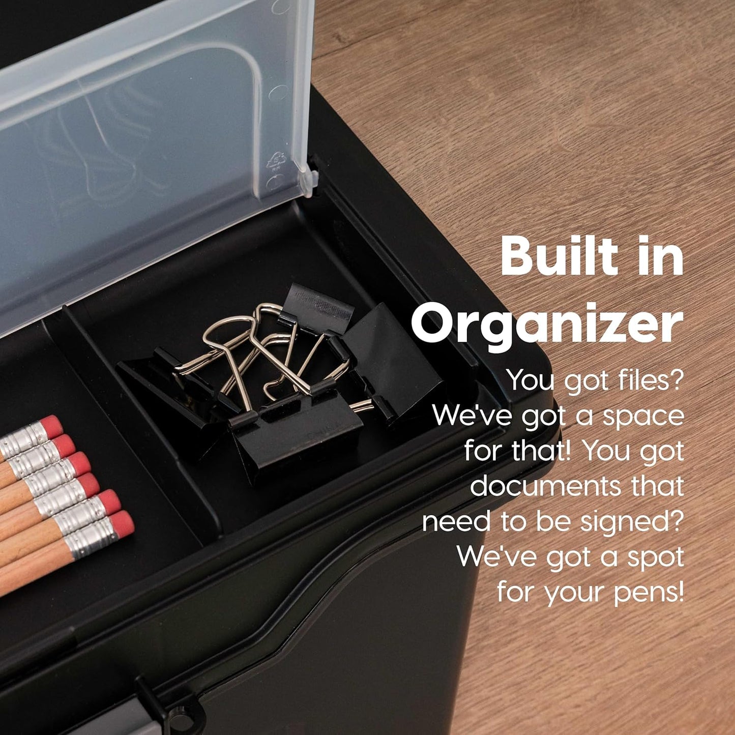 IRIS USA File Box with Lid File Organizer for Letter File w/Organizer-Lid, Water Resistant Document Box, Plastic Mobile Filing Organizer, Secure Buckle, Portable Handle, Lockable, Black 4 Pack