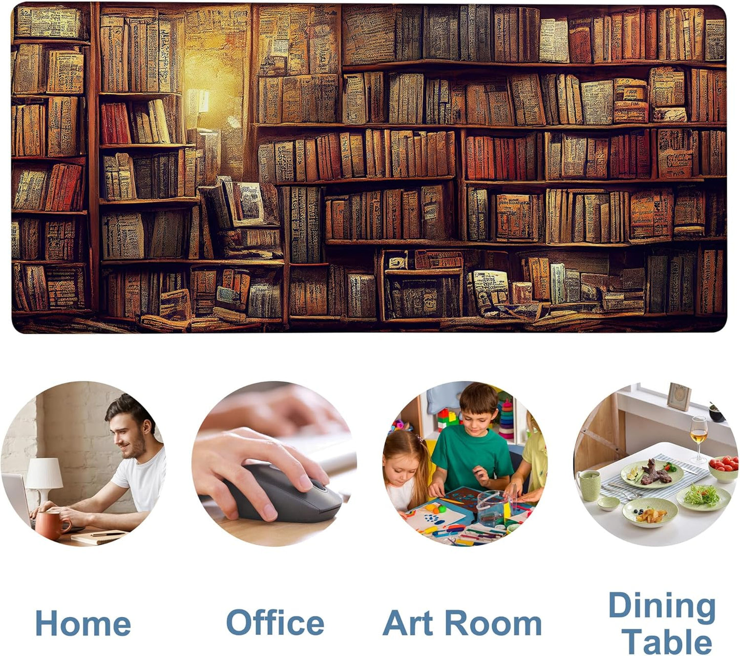 Gaming Desk Pad Large Extra Length Retro Bookshelf Mouse Pad Keyboard Laptop Non-Slip Waterproof with Rubber Base Thick Stitched Edge Mouse Mat for Office Home 35.4 x 15.7 Inches