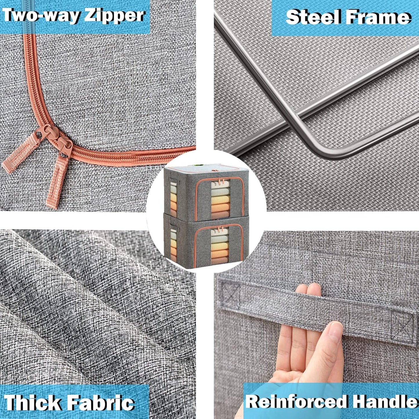 Large Storage Bags,Stackable Clothes Storage Bins with Hold Shape Metal Frame,Foldable Closet Organizer Containers with Zipper,Clear Window,Thick Fabric for Seasonal Clothing,Bedding (3 Pack, 66L)