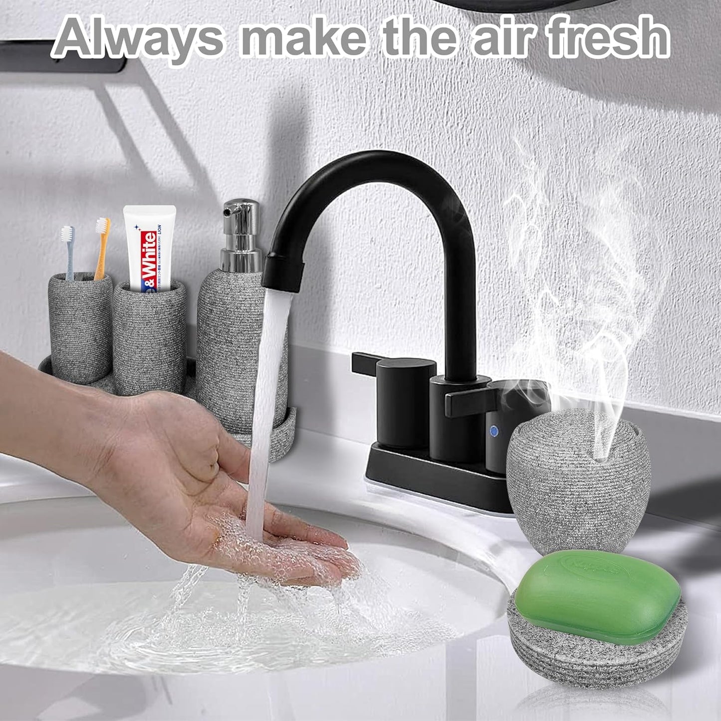 Bathroom Accessory Set, 6PCS Gray Bathroom Accessories - Soap Dish, Lotion Dispenser, Toothbrush Holder, Mouthwash Cup, Tray, Cotton Ball Jar, Aesthetic Decor Bathroom Sets