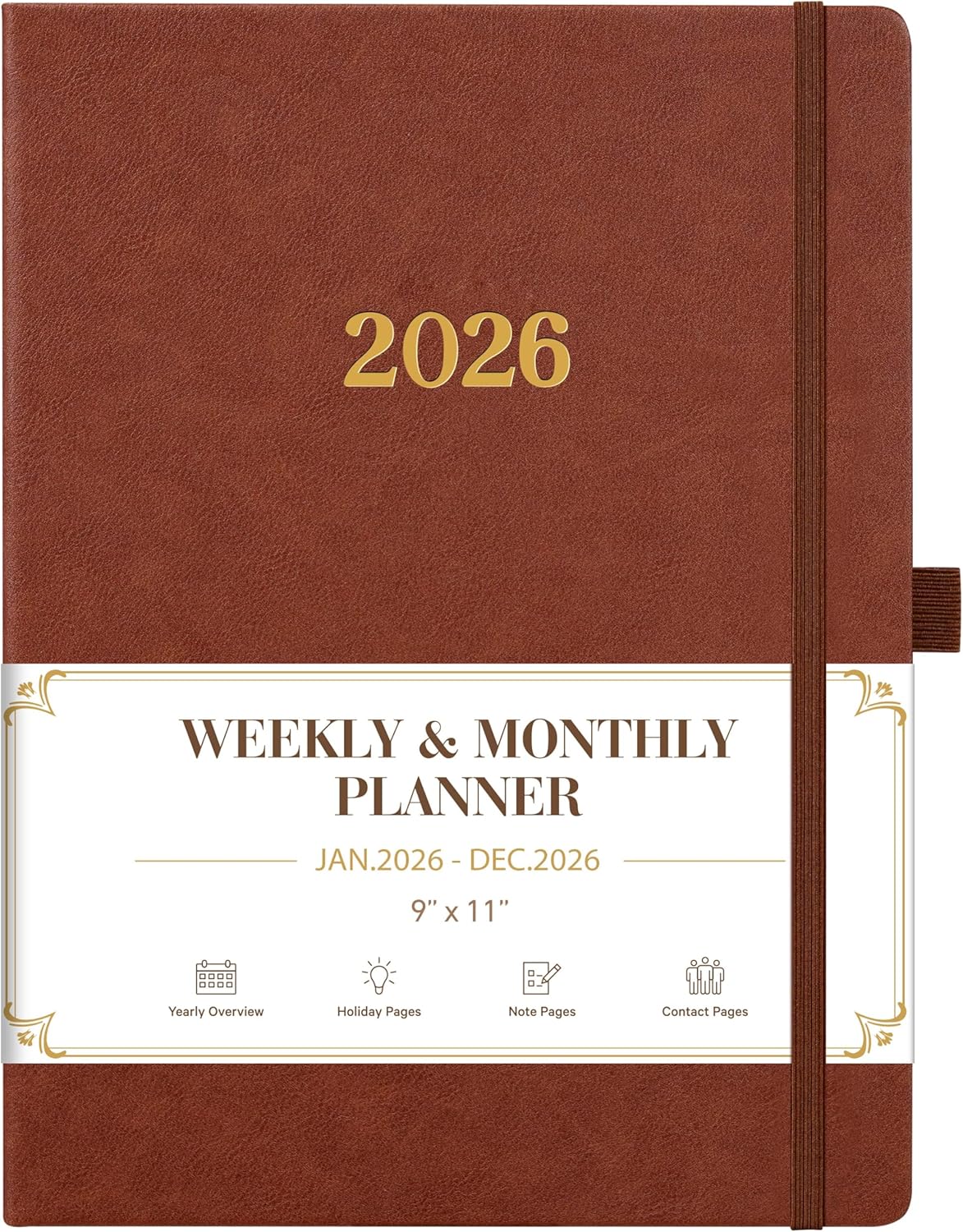 Vondafe 2026 Planner - Weekly and Monthly Planner 2026, Jan.2026 - Dec.2026, 9" x 11", 2026 Calendar Planner with Inner Pocket + Elastic Closure + Pen Loop + Bookmarks, Leather Hardcover - Brown