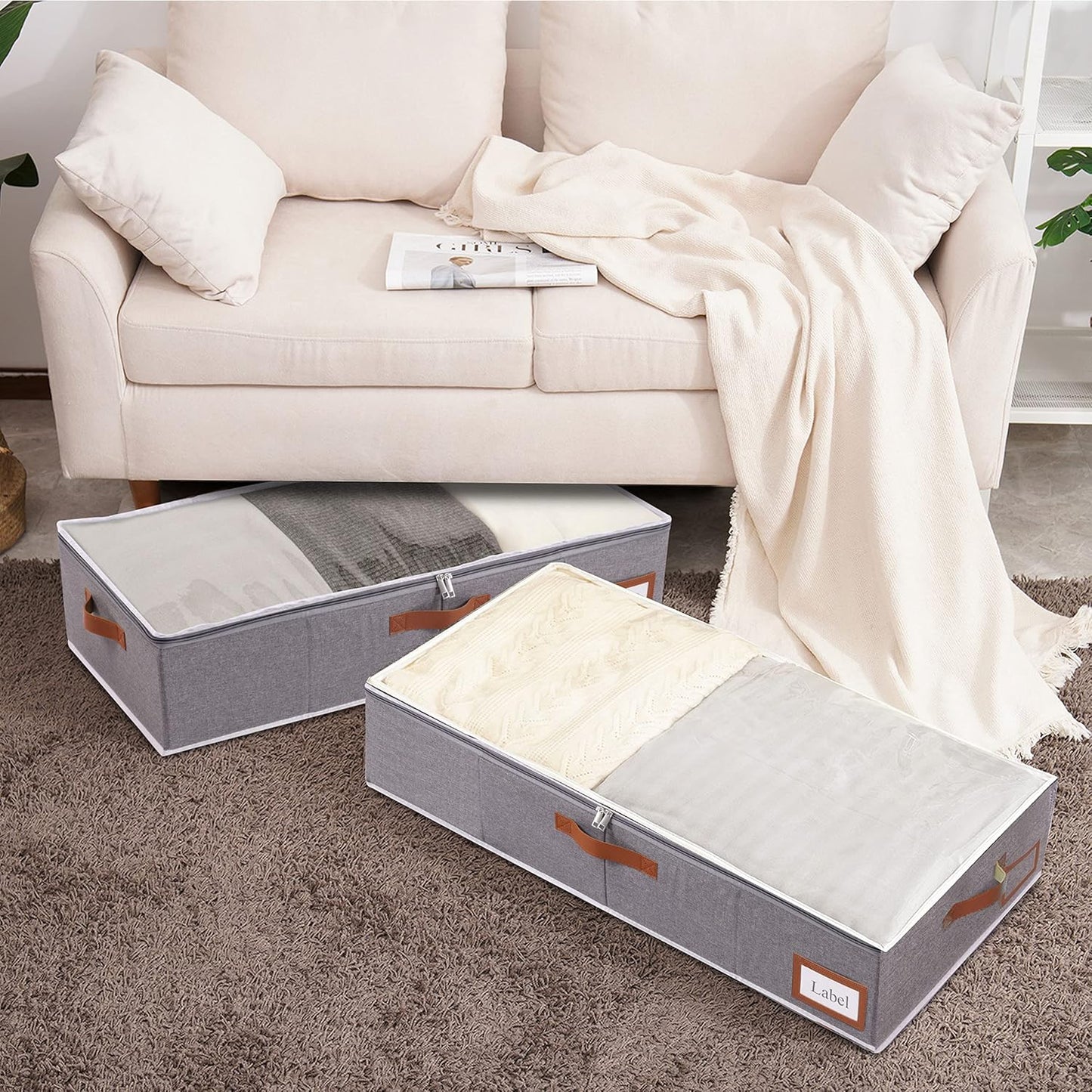 Yawinhe Under Bed Storage, 4 Pack Closet Organizers, Collapsible Container Bags, with Sorting Card Slot and 4 Leather Handles, for Blanket, Bedding, 23.6''Lx11.8''Wx6''H, Grey