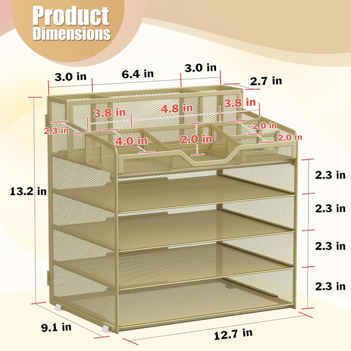 Docnest 5 Tier Mesh Desk Organizer for Paper Office Supplies – Multi-Functional Letter Tray with 5 Adjustable Compartments, 3 Pen Holders, Desktop Storage for Files, Mail, Stationery – Gold Yellow