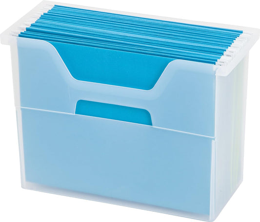 IRIS USA Medium Portable Desktop File Box with Open Top, Side Handles, Hanging File Folders, Tabs & Inserts, Letter Size, For Magazines Newspapers Mail Books Notebooks Binder Homework, Clear