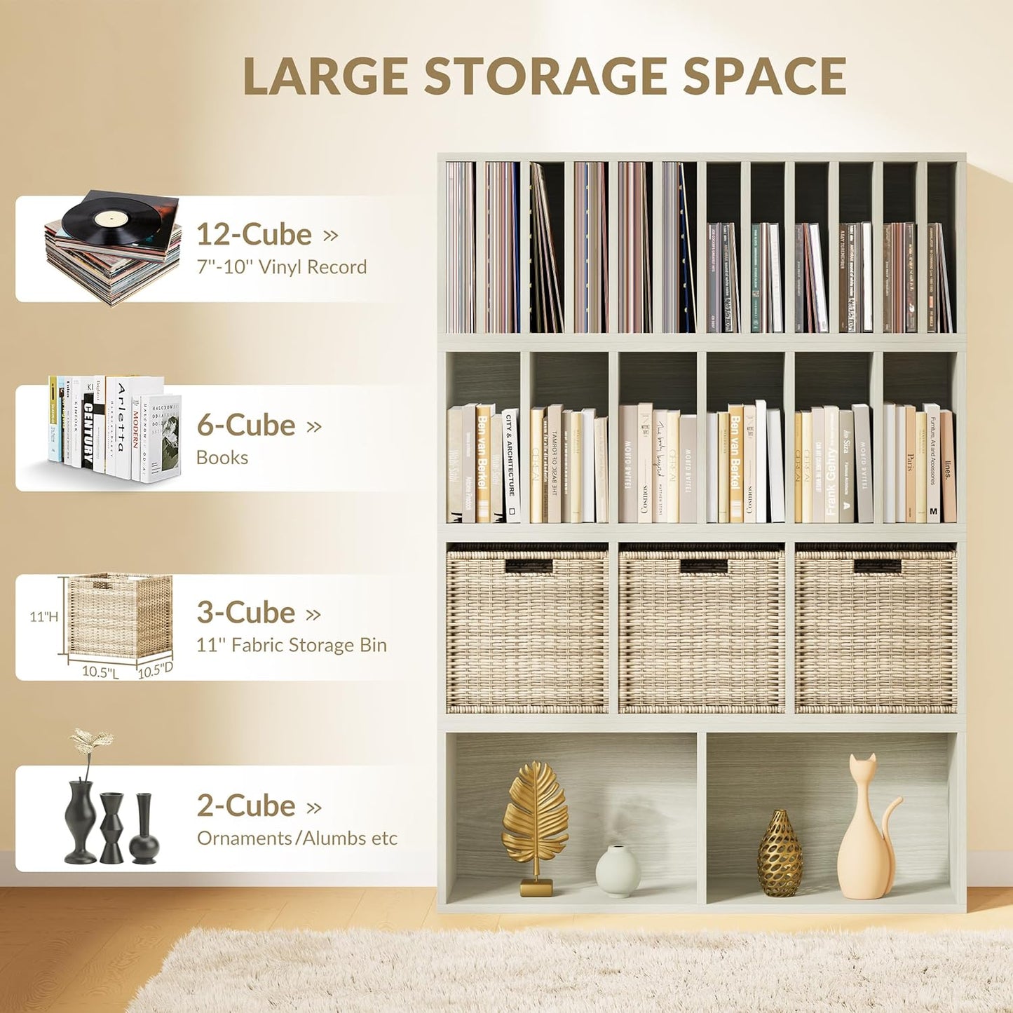 IOTXY DIY Modular Cube Bookcase - CubeXY Customizable Stackable Expandable Combination Set, 23-Cube Open Bookshelf for Books, Fabric Storage Bin, and Vinyl Record Organizer, Oak