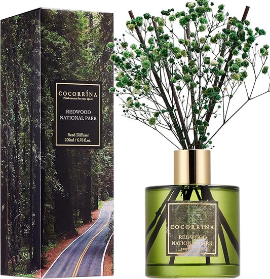 COCORRÍNA Reed Diffuser - Redwood National Park 6.7 Fl.oz Reed Diffuser Set with 8 Sticks & Preserved Baby's Breath, Reed Diffuser for Home Bathroom Shelf Decor