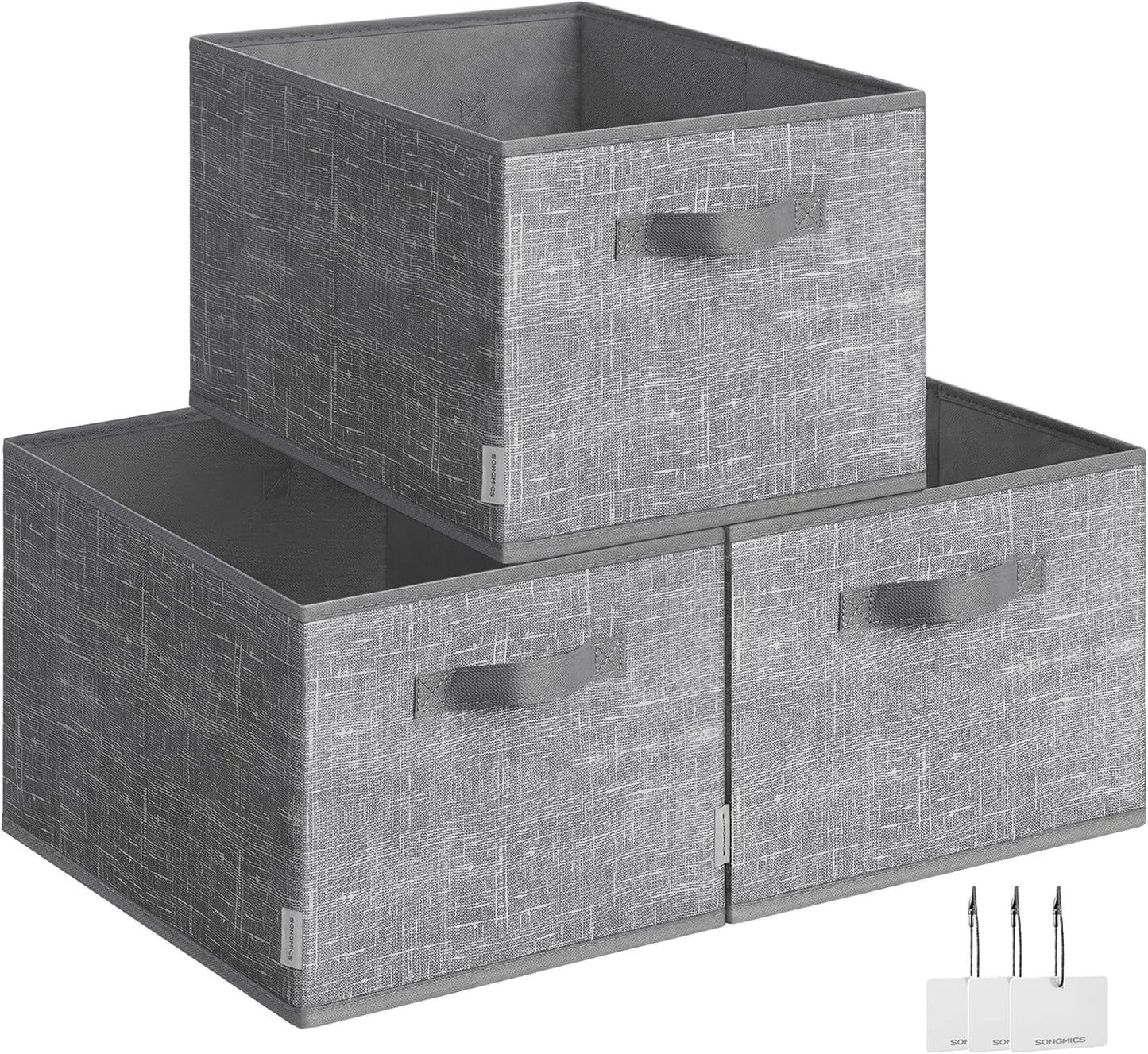 SONGMICS Storage Cubes, 15.7 x 11.8 x 9.5 Inches Non-Woven Fabric Bins with Double Handles, Set of 3, Closet Organizers for Shelves, Foldable, for Clothes, Cattail Gray UROB440G01