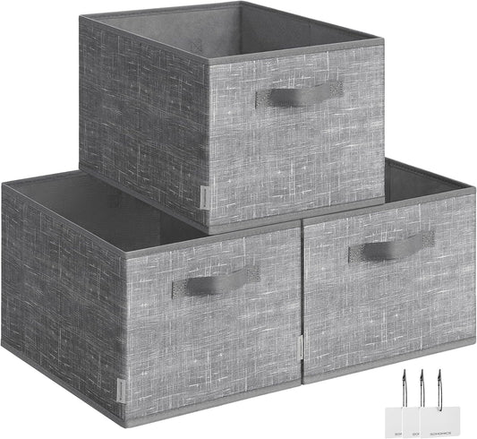 SONGMICS Storage Cubes, 15.7 x 11.8 x 9.5 Inches Non-Woven Fabric Bins with Double Handles, Set of 3, Closet Organizers for Shelves, Foldable, for Clothes, Cattail Gray UROB440G01