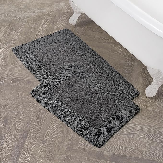Laura Ashley Ruffle Border 100% Cotton Bath Rug Set, Dark Gray, 17" x 24"/ 20" x 32"