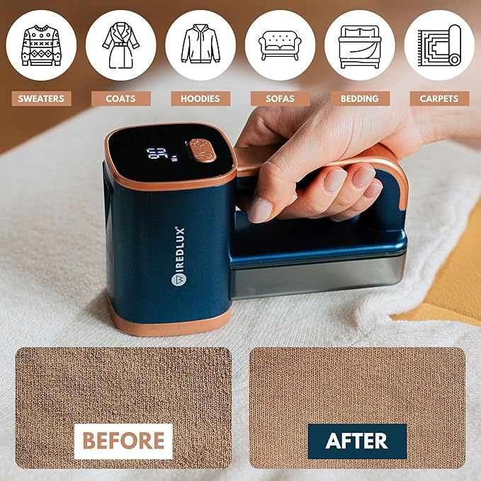 Electric Lint Remover - Rechargeable Fabric Shaver for Clothes & Couch - Adjustable 3-Speed, 6-Leaf Blade, LED Light, USB Charging - Depiller with Dual Protection (Cobalt Blue/Copper)