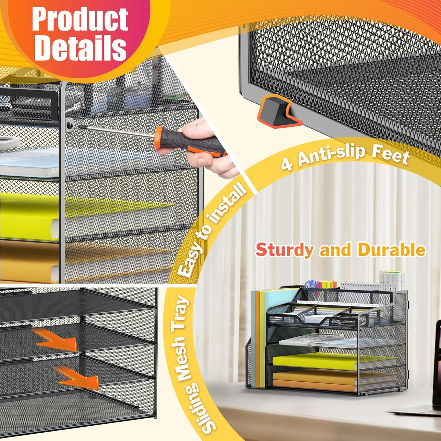 Docnest 4 Tier Mesh Desk Organizer with File Holder – Multi-Functional Paper Letter Tray with 5 Adjustable Compartments, 3 Pen Holders, Desktop Storage for Files, Mail, Stationery – Black